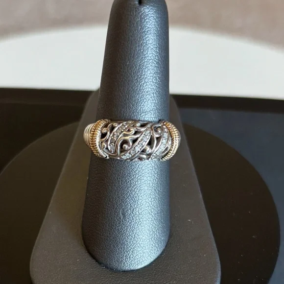 Sterling Silver Filigree, 14k Yellow Gold, and Round Diamonds Ring